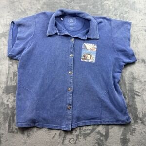 Michael Leu Art To Wear Blue Button Front Knit Jacket Top 2XL Fishing Boat USA